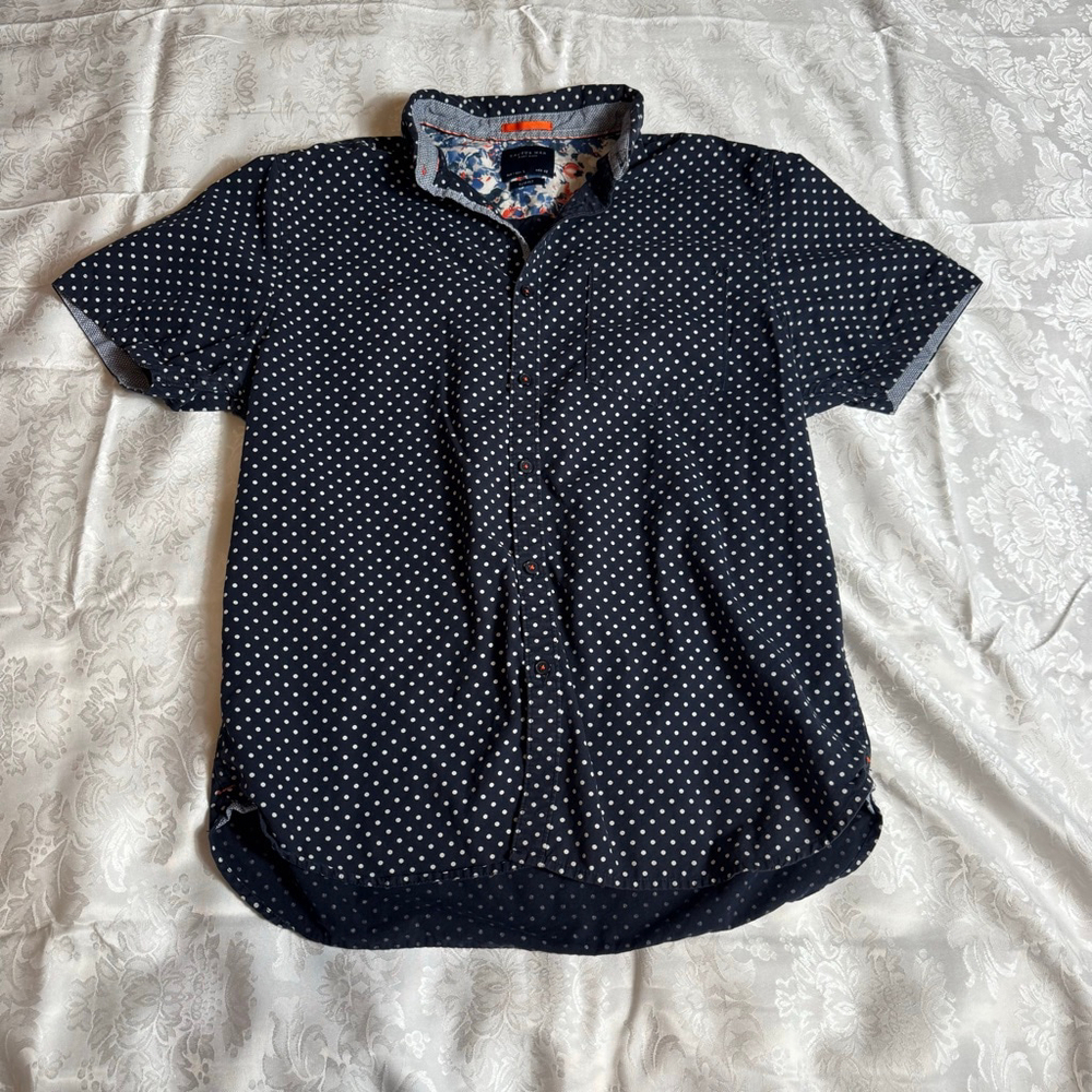 Men's Cactus Man Navy White Polka Dot Slim Fit Casual Button Down Shirt L